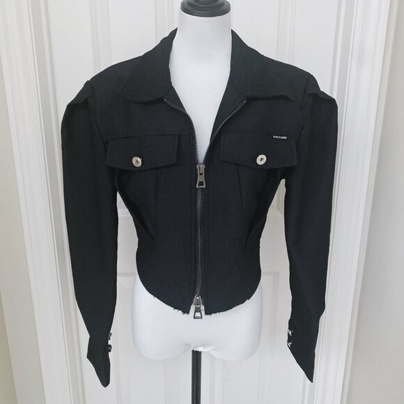 NWT Women's Black Puff Long Sleeve Pocket Front Zip Lapel Collar Jacket Top - Picture 6 of 6